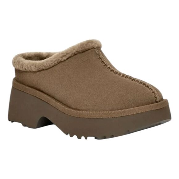 UGG New Heights Cozy Clog Hickory Brown Suede Sherpa Platform Chunky Heel 11 - Picture 1 of 10